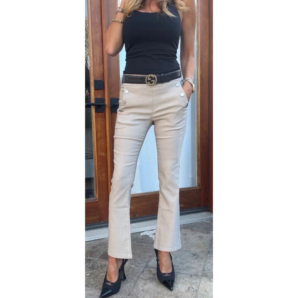 Bevy Flog Sofia Cropped Flare Pants Beige with Silver‎ Button Detail Size 25